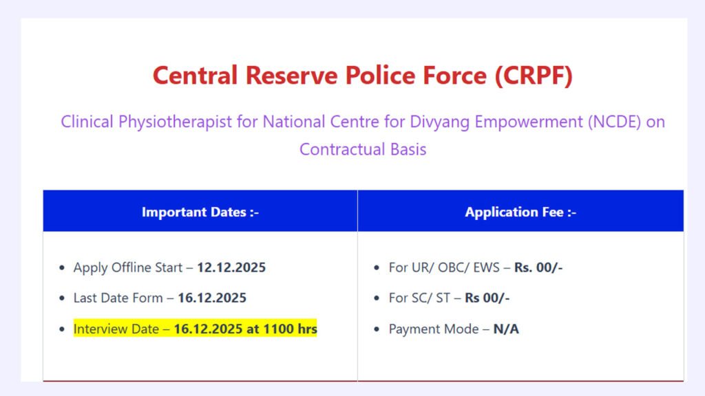 CRPF Physiotherapist Recruitment 2025