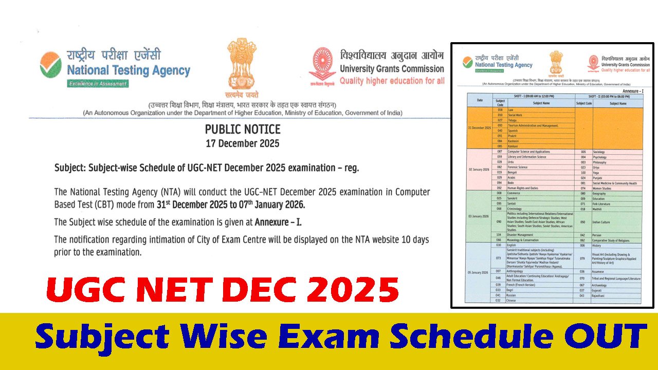 UGC NET Subject Wise Exam Schedule 2025 OUT UGC NET December Exam Date ...