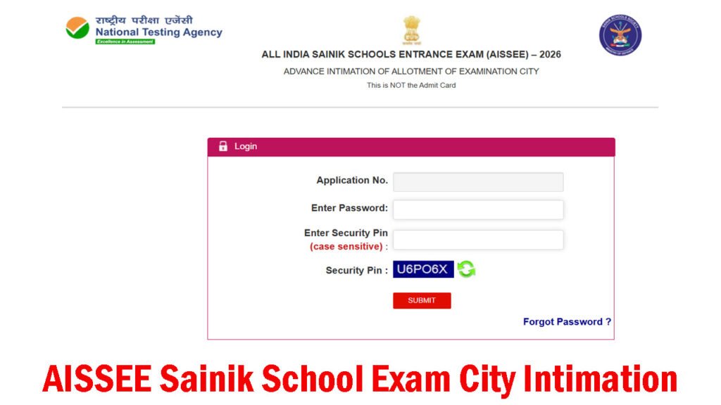 AISSEE Sainik School Exam City Intimation 2026