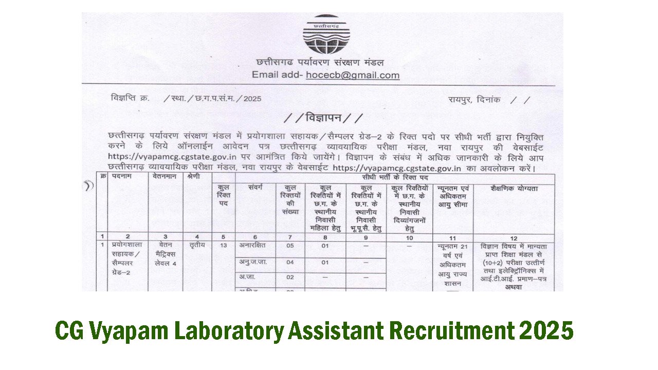 CG Vyapam Laboratory Assistant Recruitment 2026 Laboratory Assistant ...