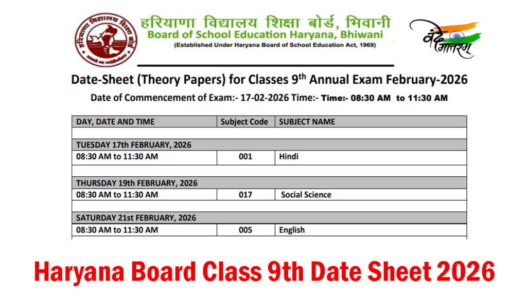 Haryana Board Class 9th Date Sheet 2026