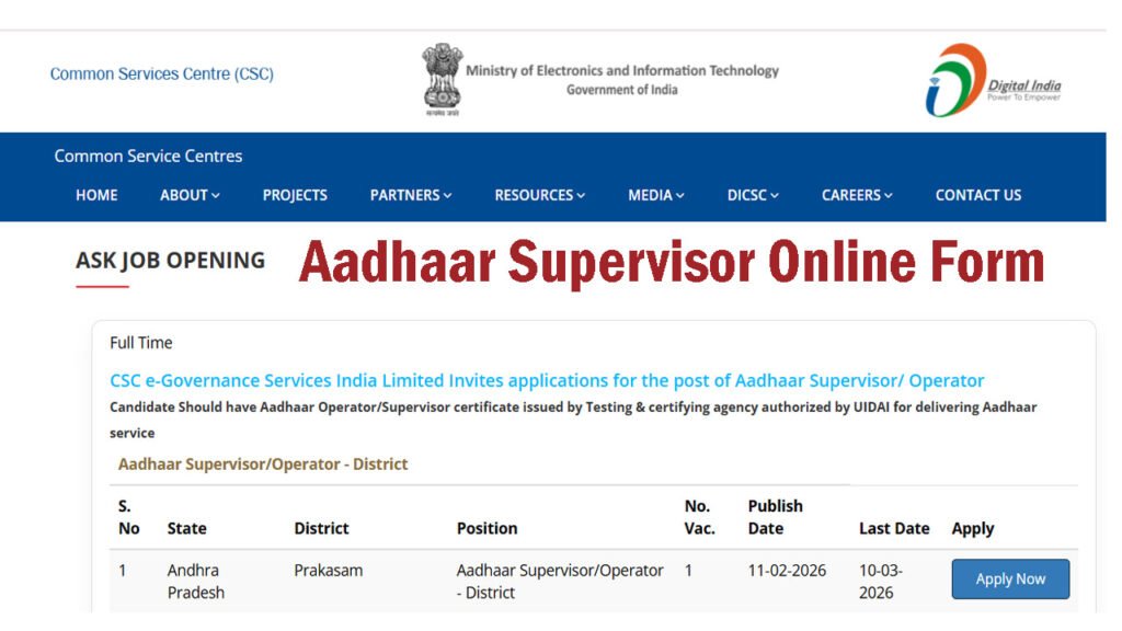 Aadhaar Supervisor Online Form 2026