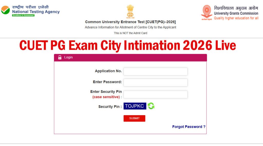 CUET PG Exam City Intimation 2026