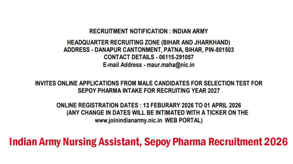 Indian Army Nursing Assistant, Sepoy Pharma Recruitment 2026