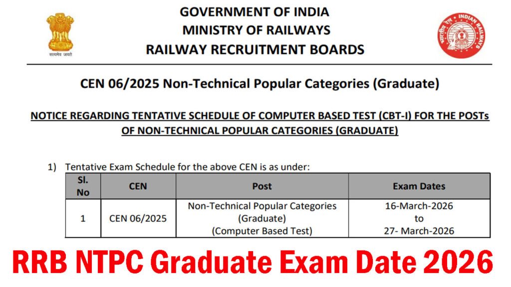 RRB NTPC Graduate Exam Date 2026