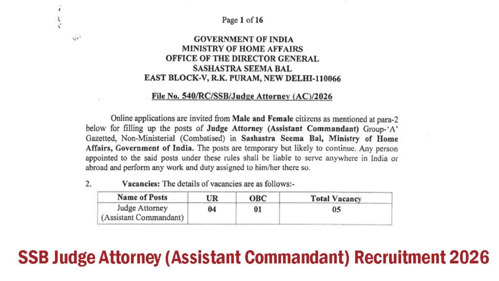 SSB Judge Attorney (Assistant Commandant) Recruitment 2026