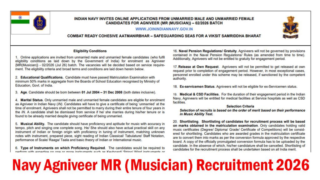 Indian Navy Agniveer MR Musician Recruitment 2026 Apply Online Notification, Eligibility Criteria