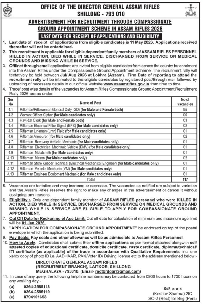 Assam Rifles Compassionate Ground Recruitment 2026: Notification Out for 117 Posts, Check Details