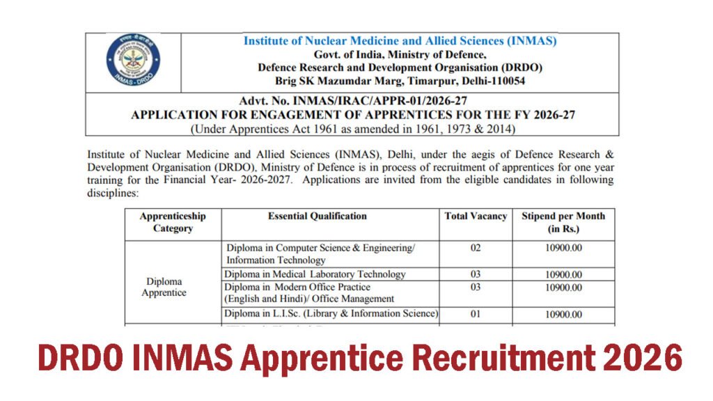 DRDO INMAS Apprentice Recruitment 2026