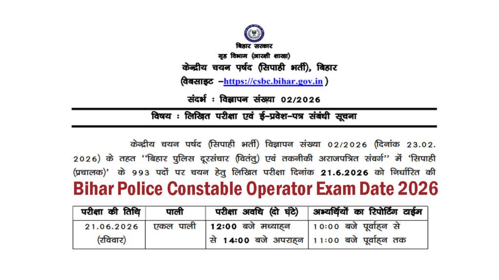 Bihar Police Constable Operator Exam Date 2026