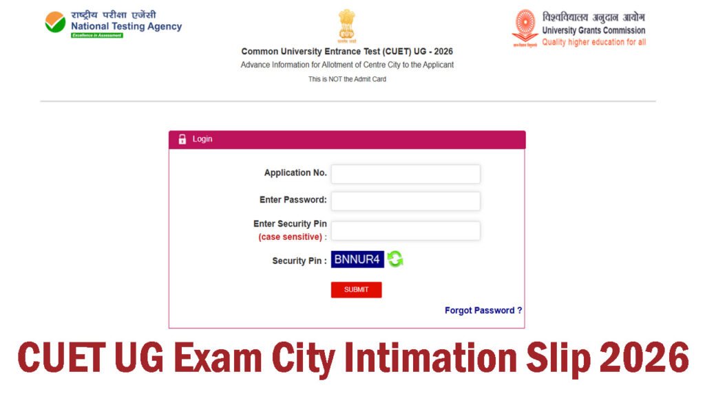 CUET UG Exam City Intimation Slip 2026