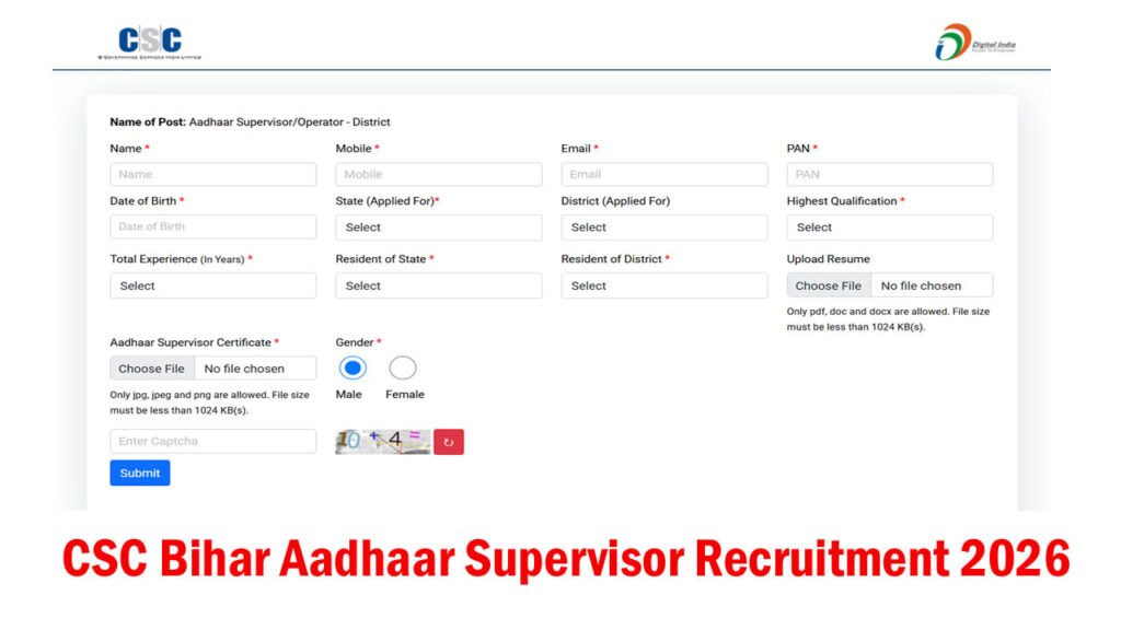 CSC Bihar Aadhaar Supervisor Recruitment 2026