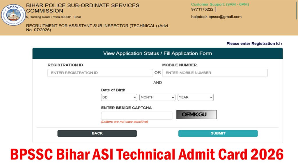BPSSC Bihar ASI Technical Admit Card 2026