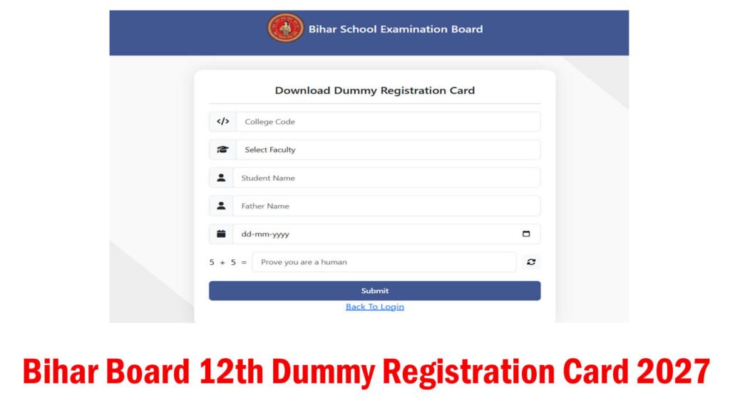 Bihar Board 12th Dummy Registration Card 2027