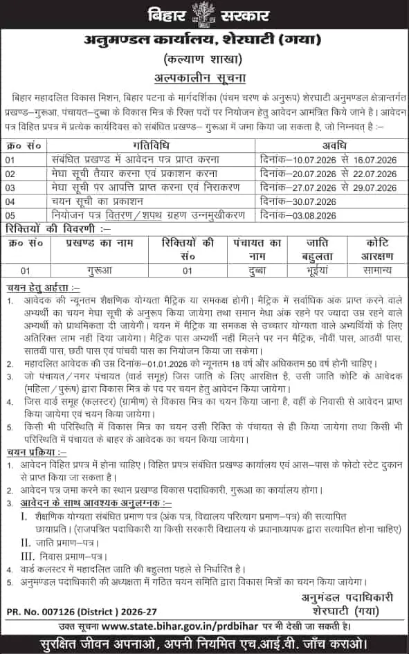 Bihar Gaya Jila Vikas Mitra Vacancy 2026