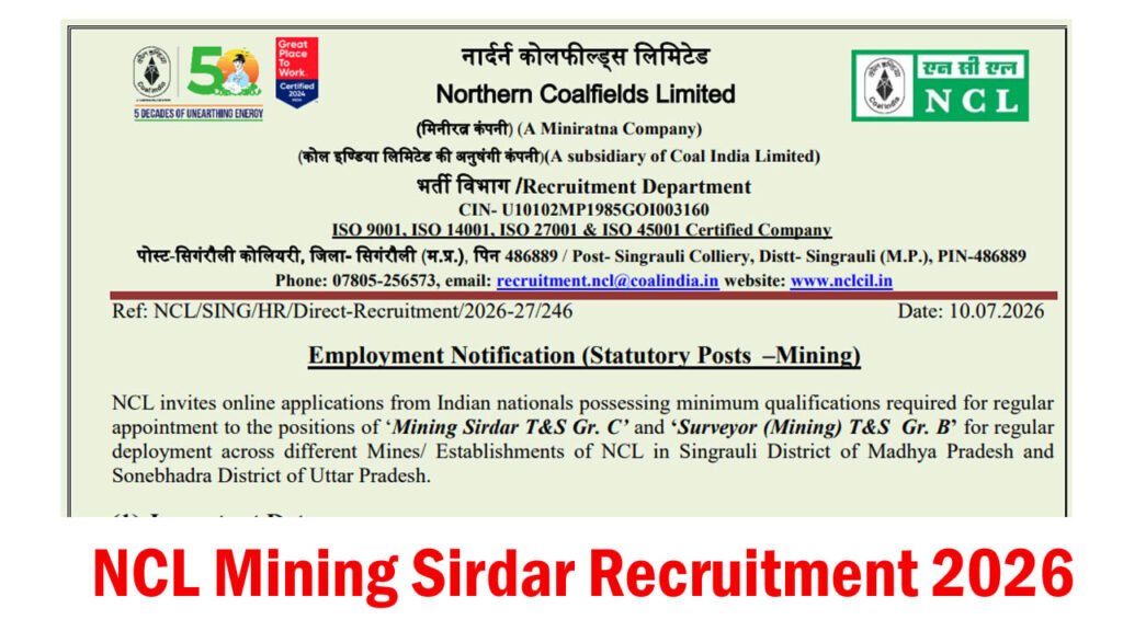 NCL Mining Sirdar Recruitment 2026