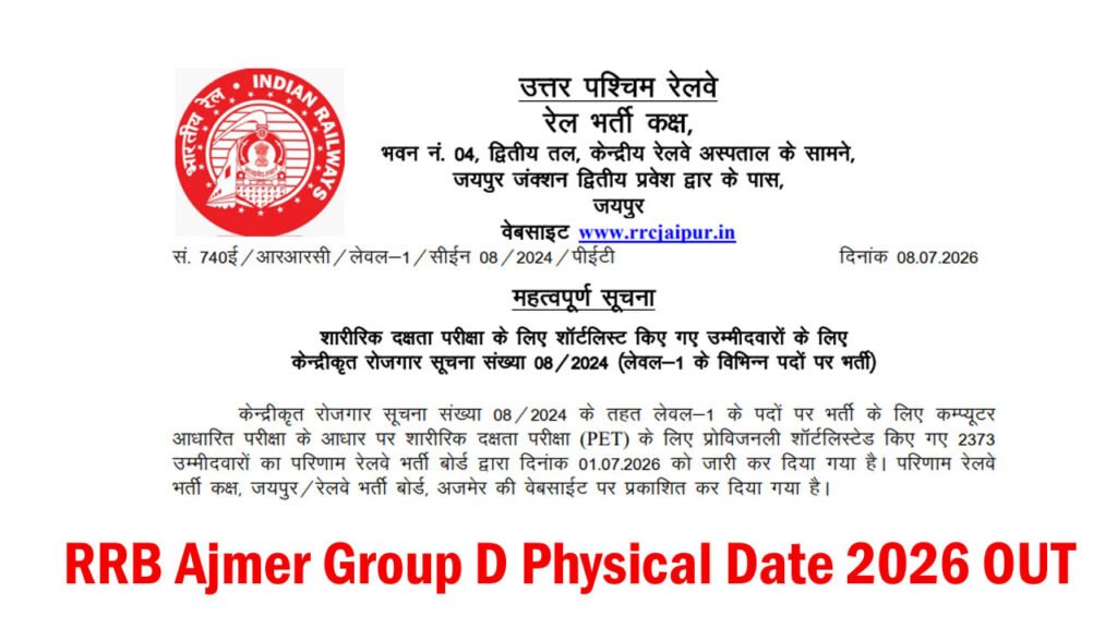 RRB Ajmer Group D PET Date 2026
