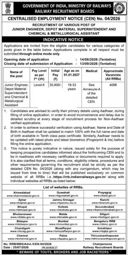 RRB JE 2026 Notification, Recruitment for 4098 Junior Engineer, DMS & CMA Posts