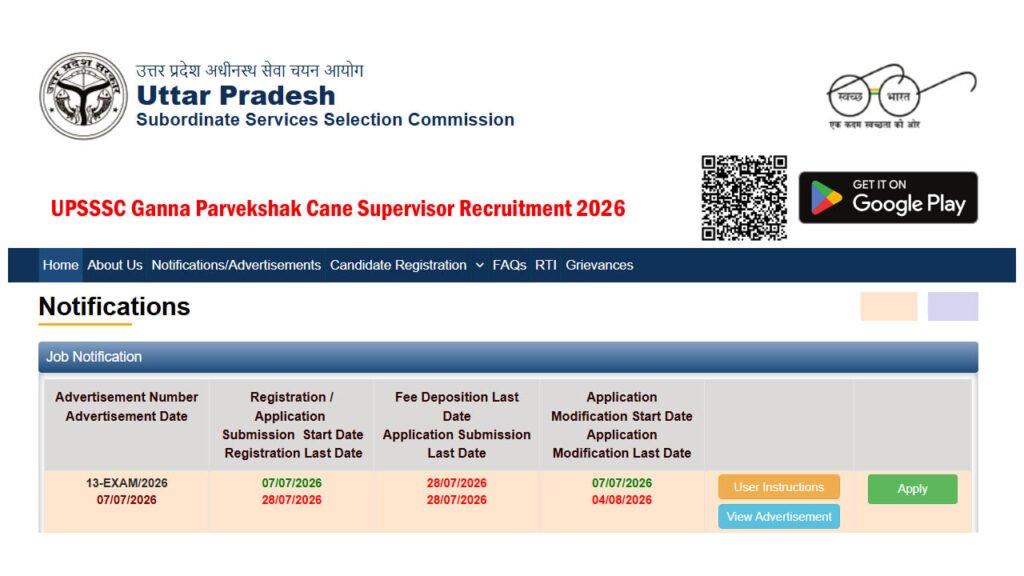 UPSSSC Ganna Parvekshak Cane Supervisor Recruitment 2026