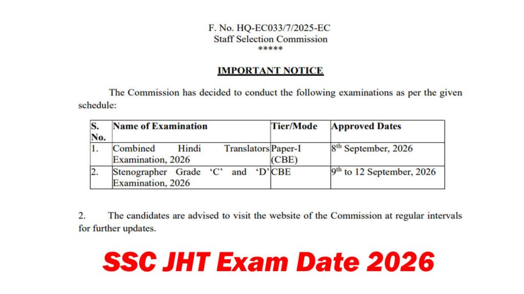 SSC JHT Exam Date 2026