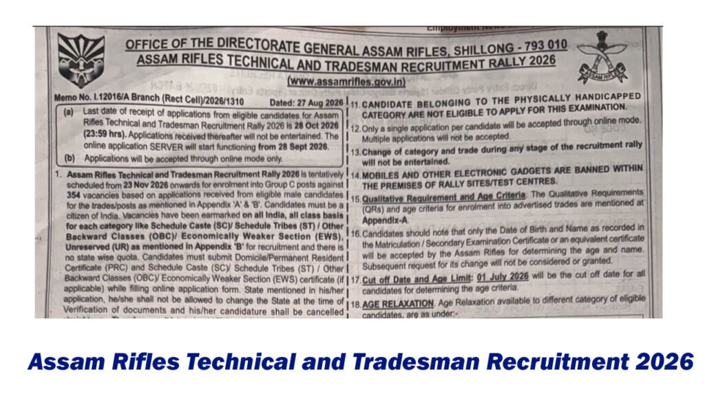 Assam Rifles Technical and Tradesman Recruitment 2026